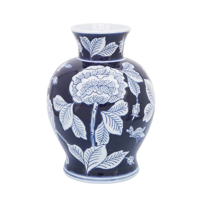 Decorative Vase - Blue Ceramic Floral Chinoiserie, 9 in.