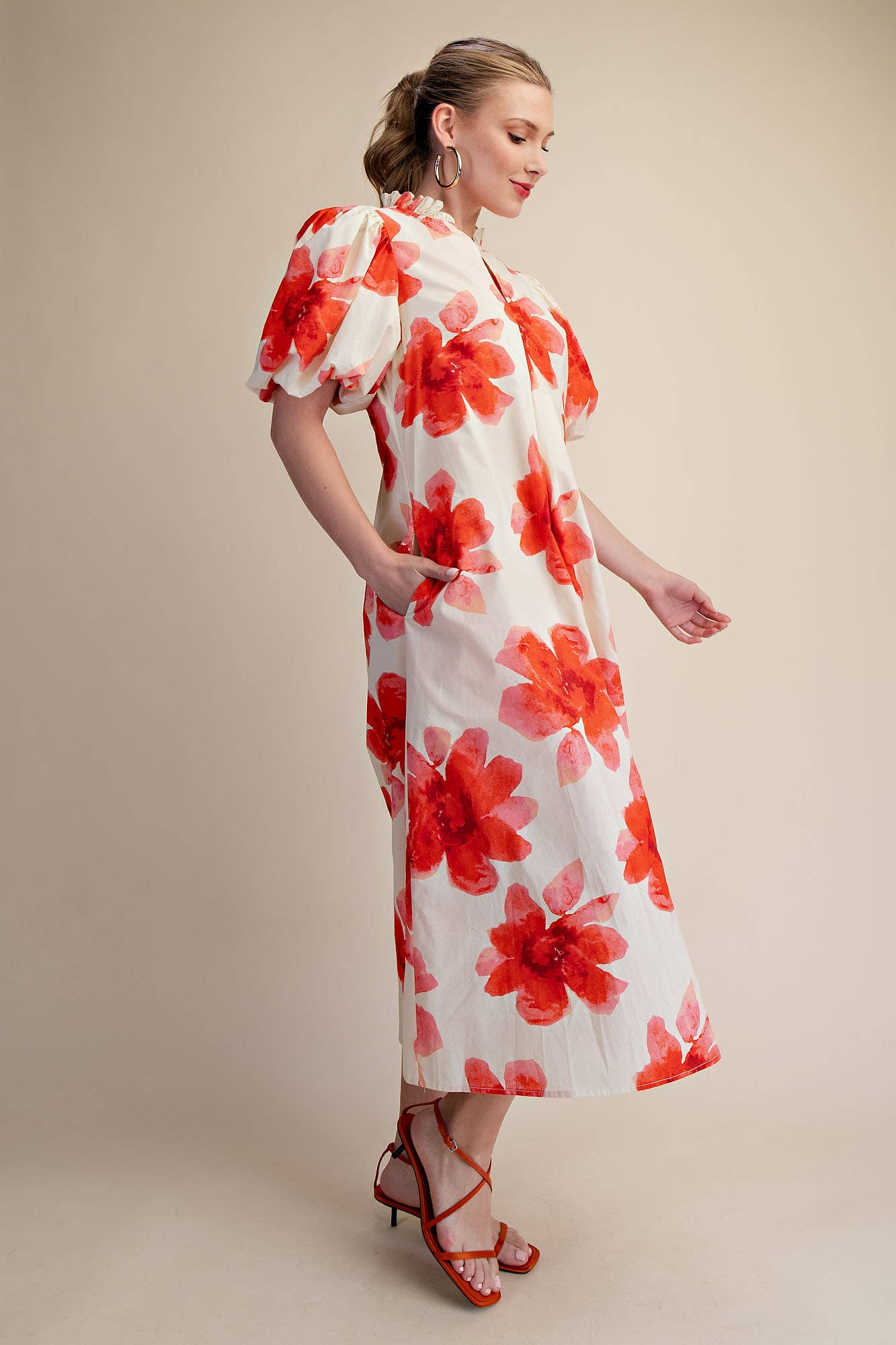 Ruffle V-Neck Puff Sleeve Waist Pleated Midi Dress