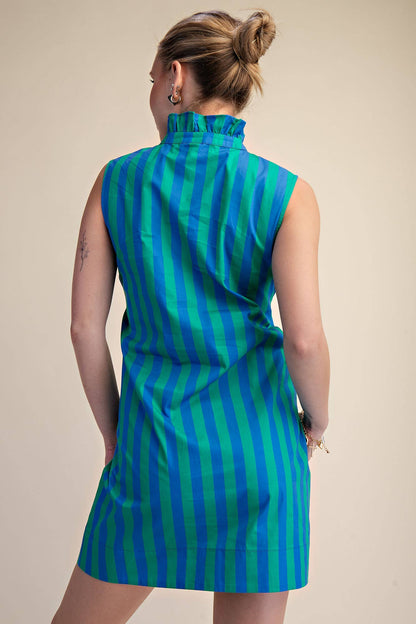 Ruffle Neck Sleeveless Waist Tie Detail Stripe Mini Dress
