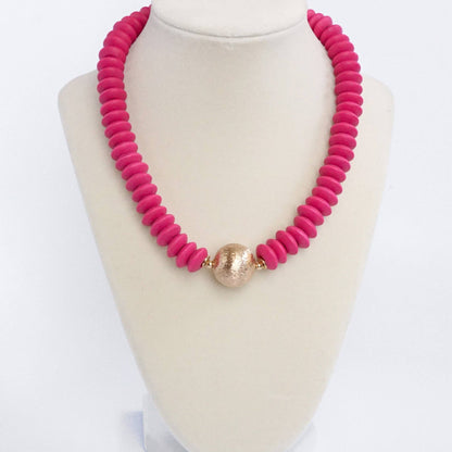 Wood Saucer Beads Short Statement Necklace Gold center Hot Pink Beige Turquoise