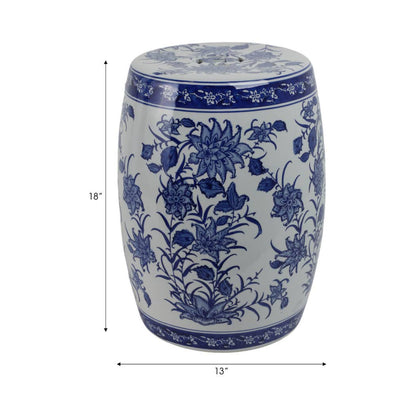 Stool - Blue Ceramic Pinwheel Flower Chinoiserie, 18 in.
