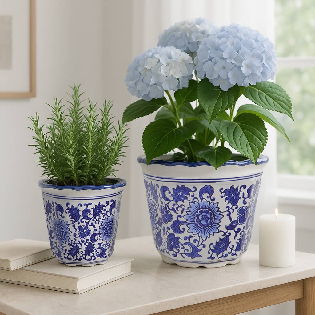 Ceramic Chinoiserie Pot Planters Set of 2 - Blue, 6/8 in.