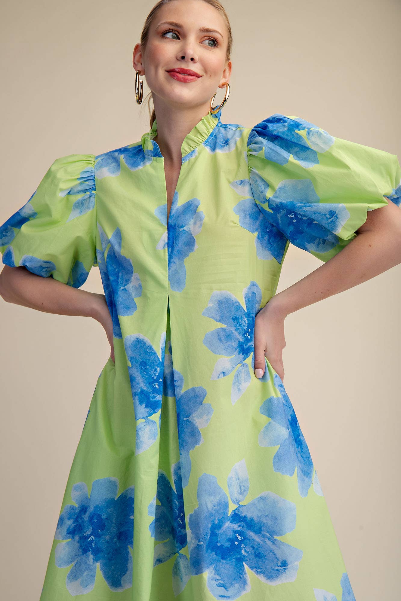 Ruffle V-Neck Puff Sleeve Waist Pleated Midi Dress