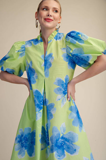 Ruffle V-Neck Puff Sleeve Waist Pleated Midi Dress
