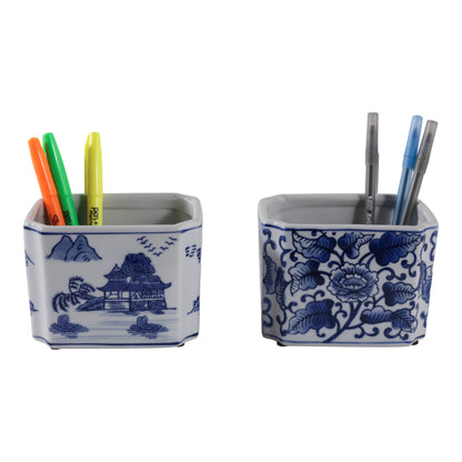 Pencil Cups Set of 2 - Blue/White Ceramic Rectangle, 4 in.
