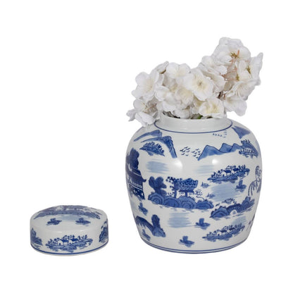 Decorative Jar - Blue Ceramic Accent Round Lidded, 10 in.