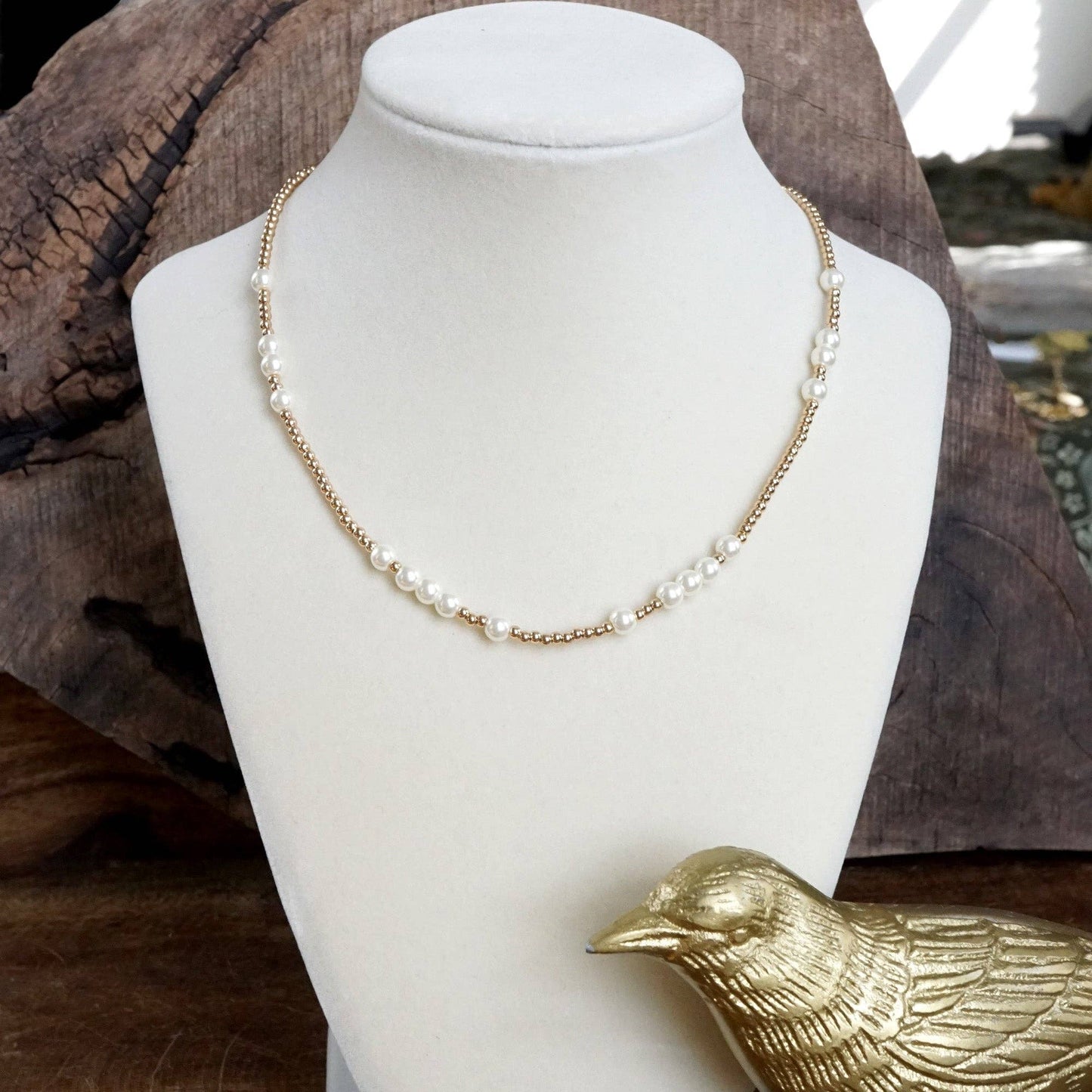 Short Dainty Necklace - Pearls and Ball Beads in Gold Tone