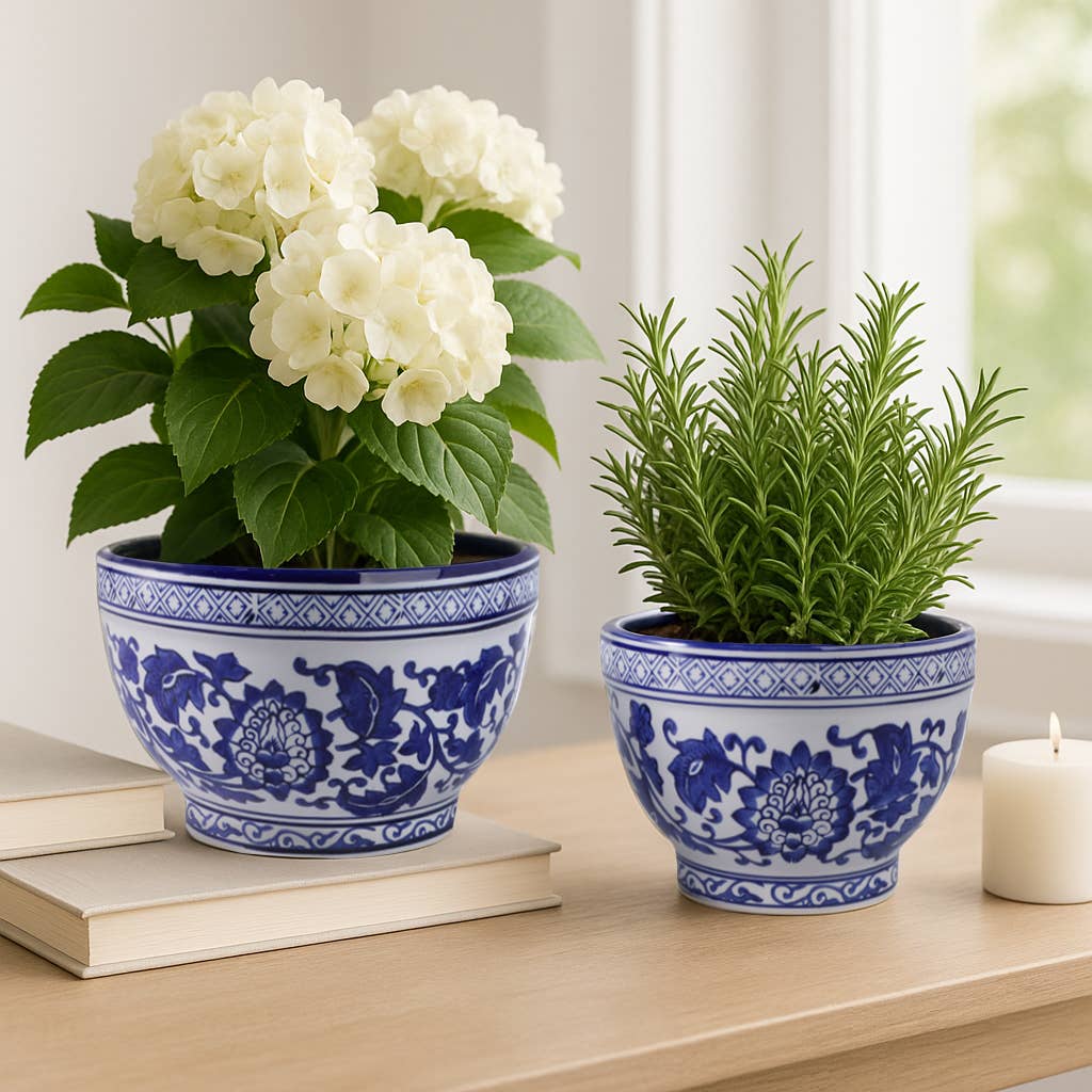 Planters Set of 2 - Blue/White Ceramic Chinoiserie, 9/11 in.