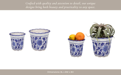 Ceramic Chinoiserie Pot Planters Set of 2 - Blue, 6/8 in.