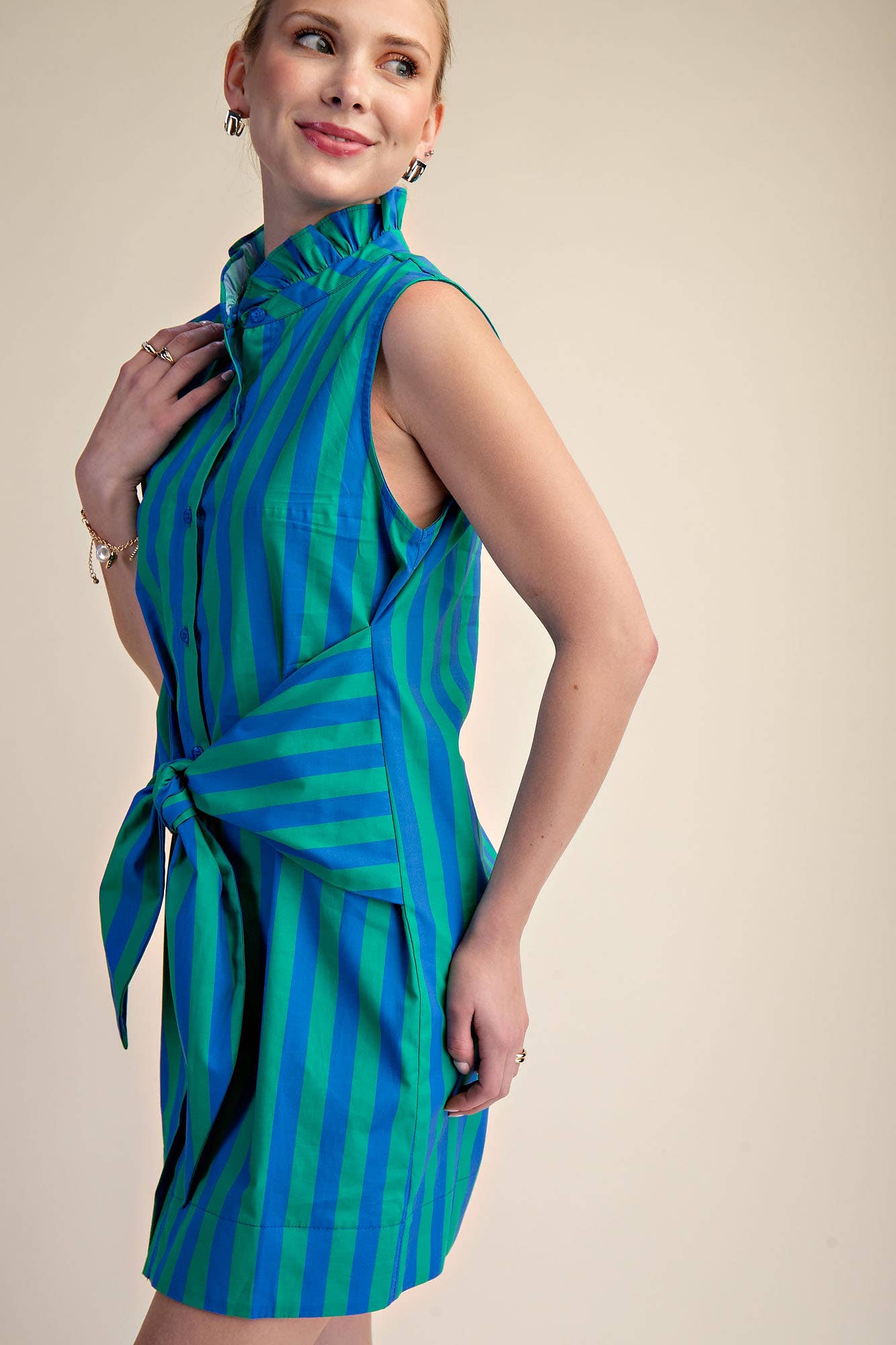 Ruffle Neck Sleeveless Waist Tie Detail Stripe Mini Dress