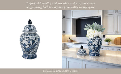 Decorative Vase - Blue Ceramic Flowers Temple, 19 in.