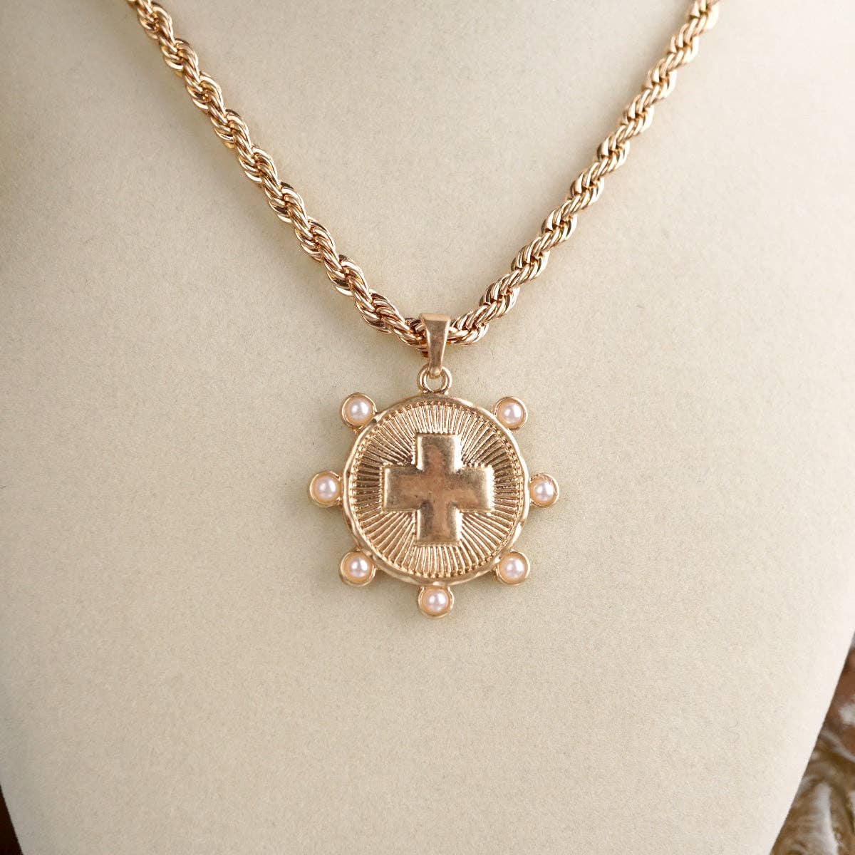 Sunlit Devotion – Cross Pendant Necklace with Pearl or Turquoise Accents