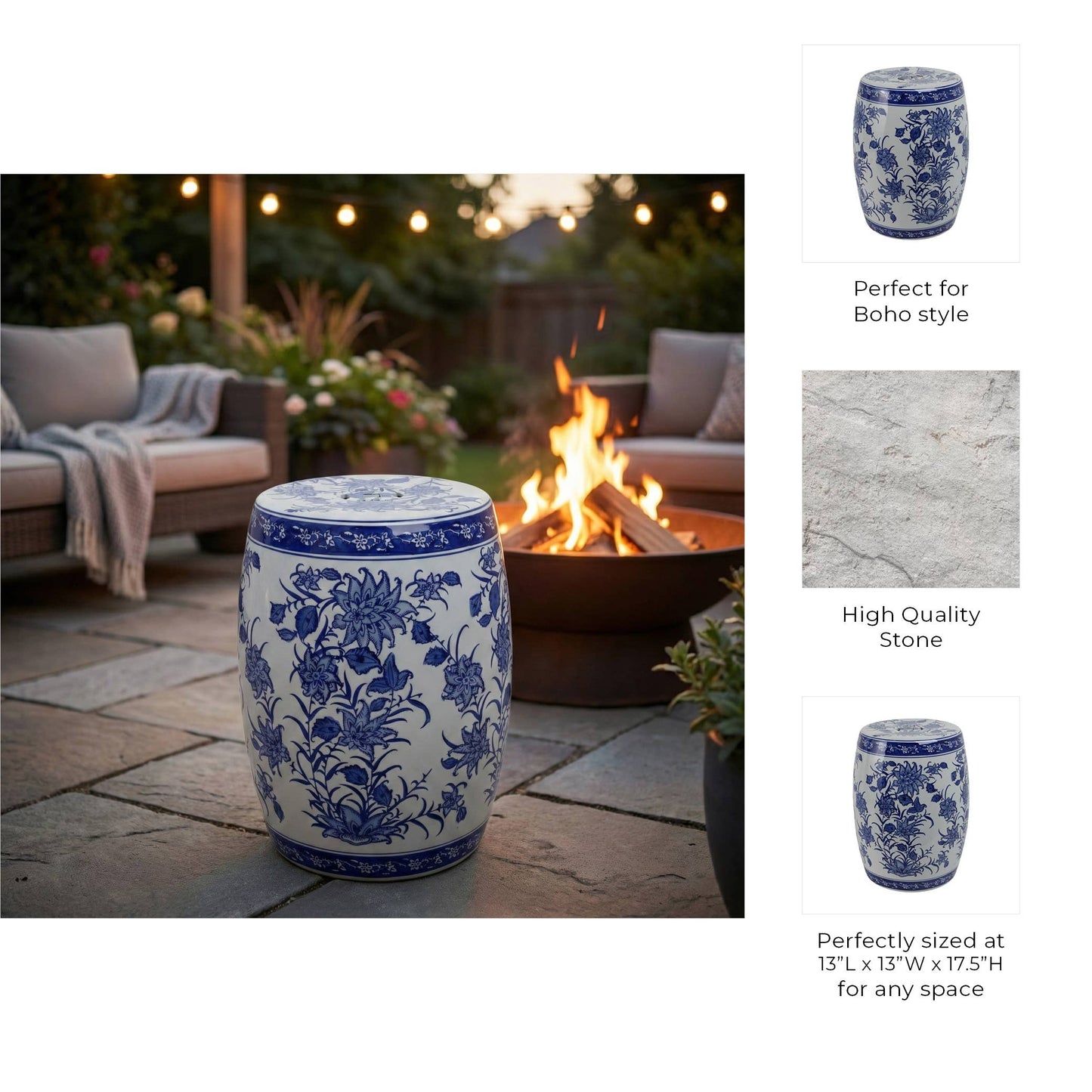 Stool - Blue Ceramic Pinwheel Flower Chinoiserie, 18 in.