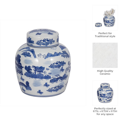 Decorative Jar - Blue Ceramic Accent Round Lidded, 10 in.