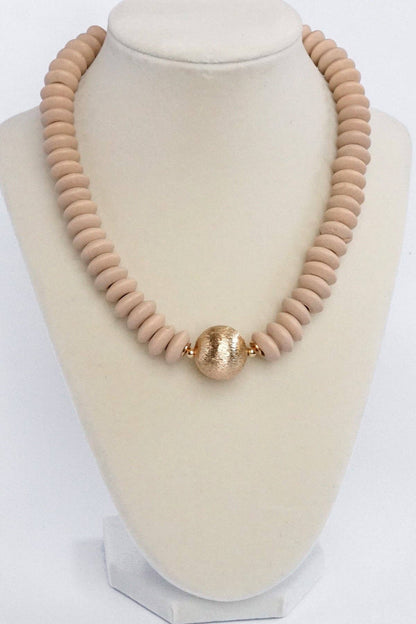 Wood Saucer Beads Short Statement Necklace Gold center Hot Pink Beige Turquoise
