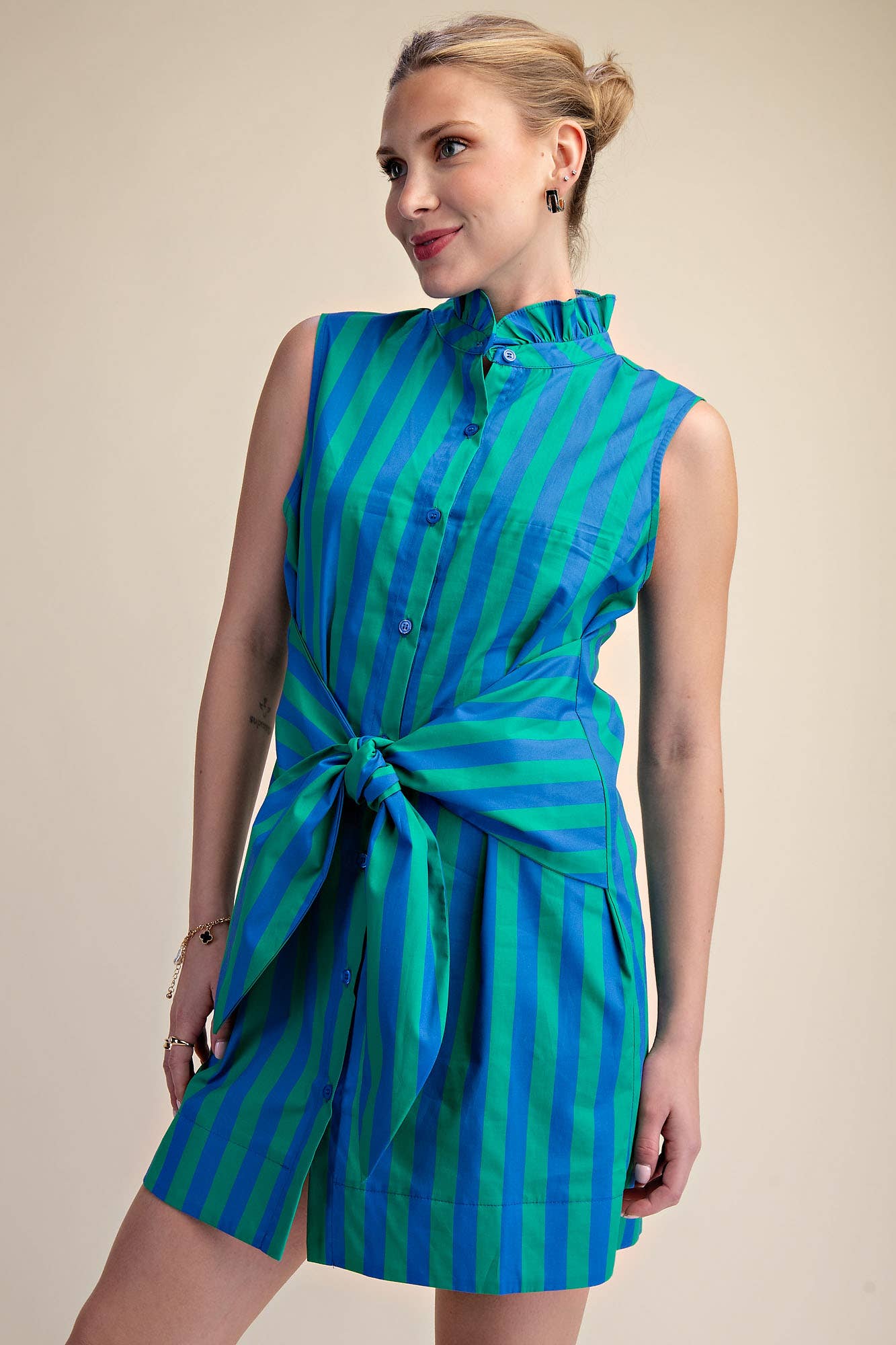 Ruffle Neck Sleeveless Waist Tie Detail Stripe Mini Dress
