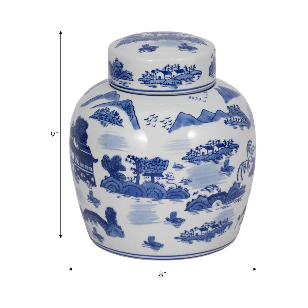 Decorative Jar - Blue Ceramic Accent Round Lidded, 10 in.