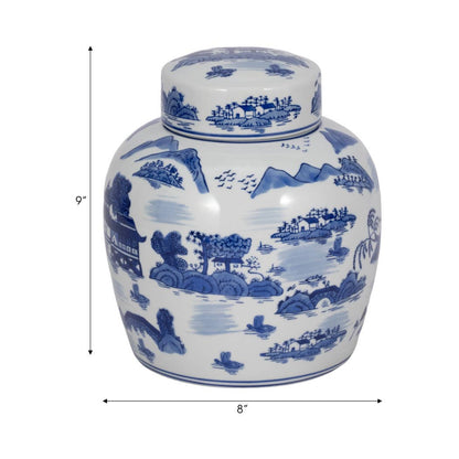Decorative Jar - Blue Ceramic Accent Round Lidded, 10 in.