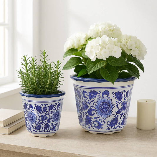 Ceramic Chinoiserie Pot Planters Set of 2 - Blue, 6/8 in.