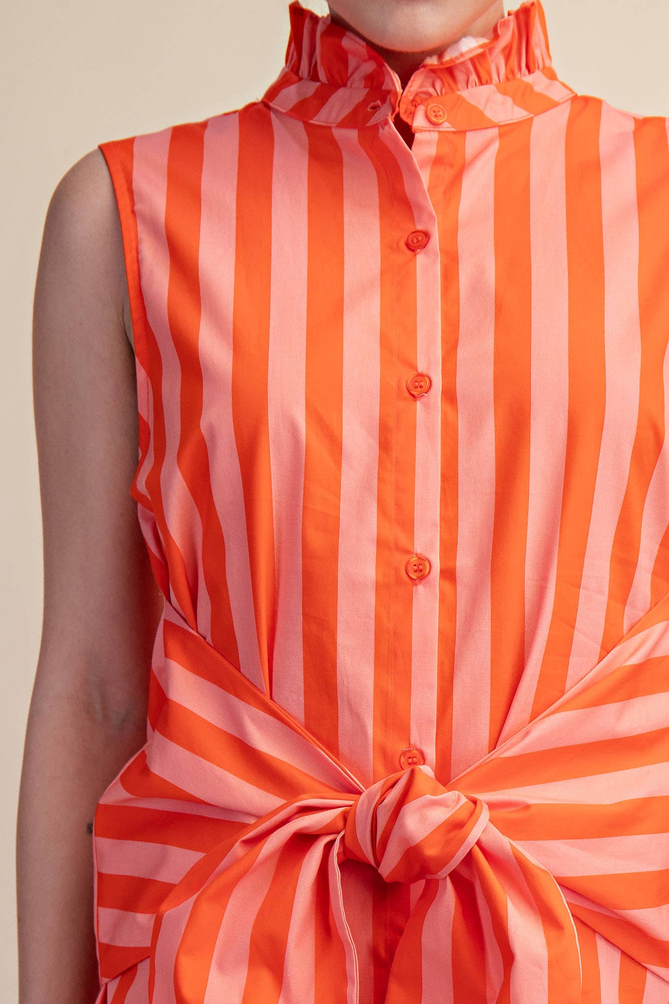 Ruffle Neck Sleeveless Waist Tie Detail Stripe Mini Dress