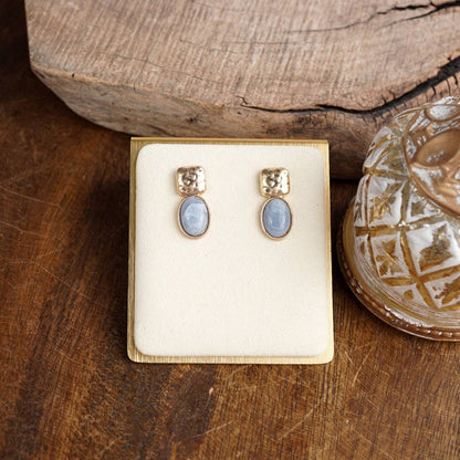 Quiet Gleam – Hammered Cabochon Stud Drop Earrings