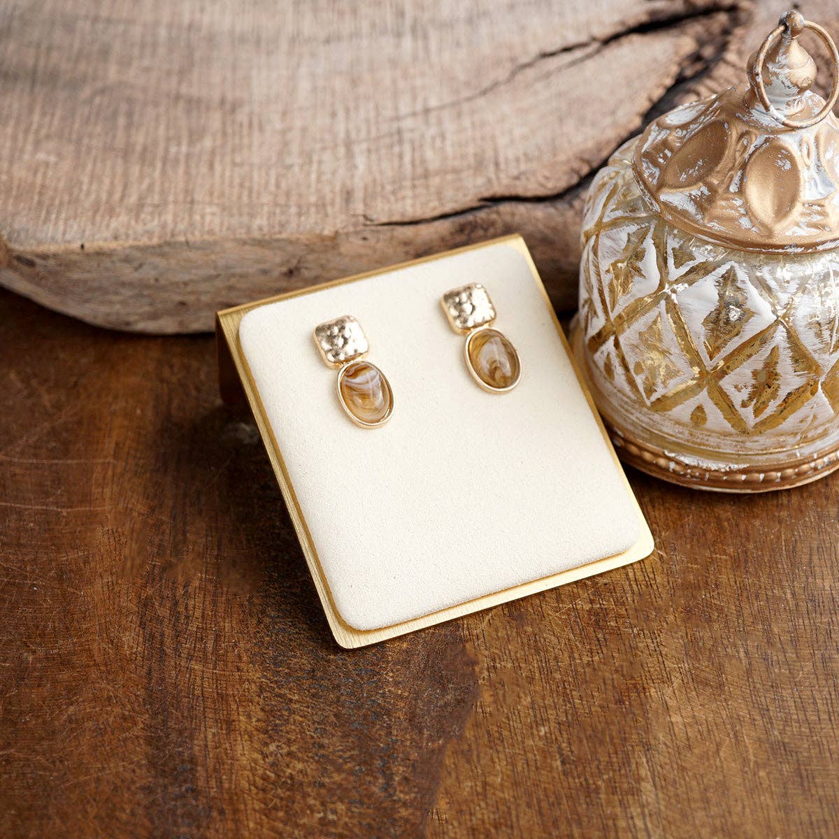 Quiet Gleam – Hammered Cabochon Stud Drop Earrings