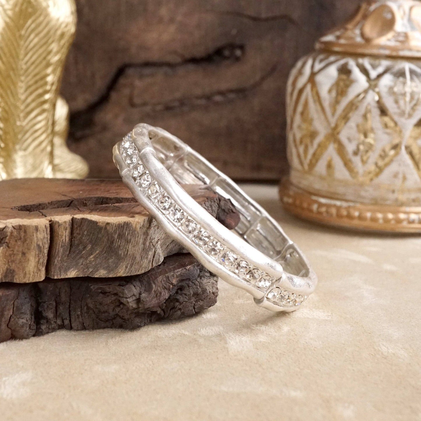 Minimalist Crystal & Pearl Bangle Bracelet – Brushed Gold or Silver