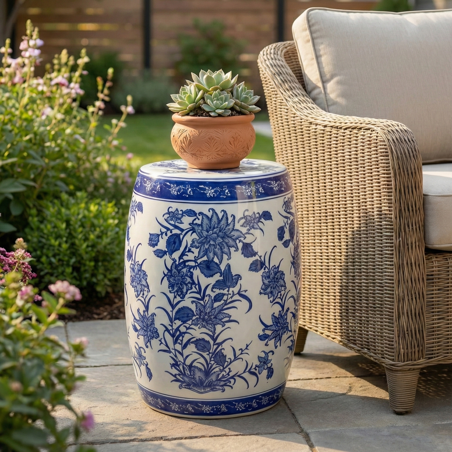 Stool - Blue Ceramic Pinwheel Flower Chinoiserie, 18 in.