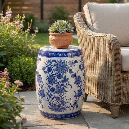Stool - Blue Ceramic Pinwheel Flower Chinoiserie, 18 in.