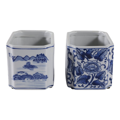 Pencil Cups Set of 2 - Blue/White Ceramic Rectangle, 4 in.