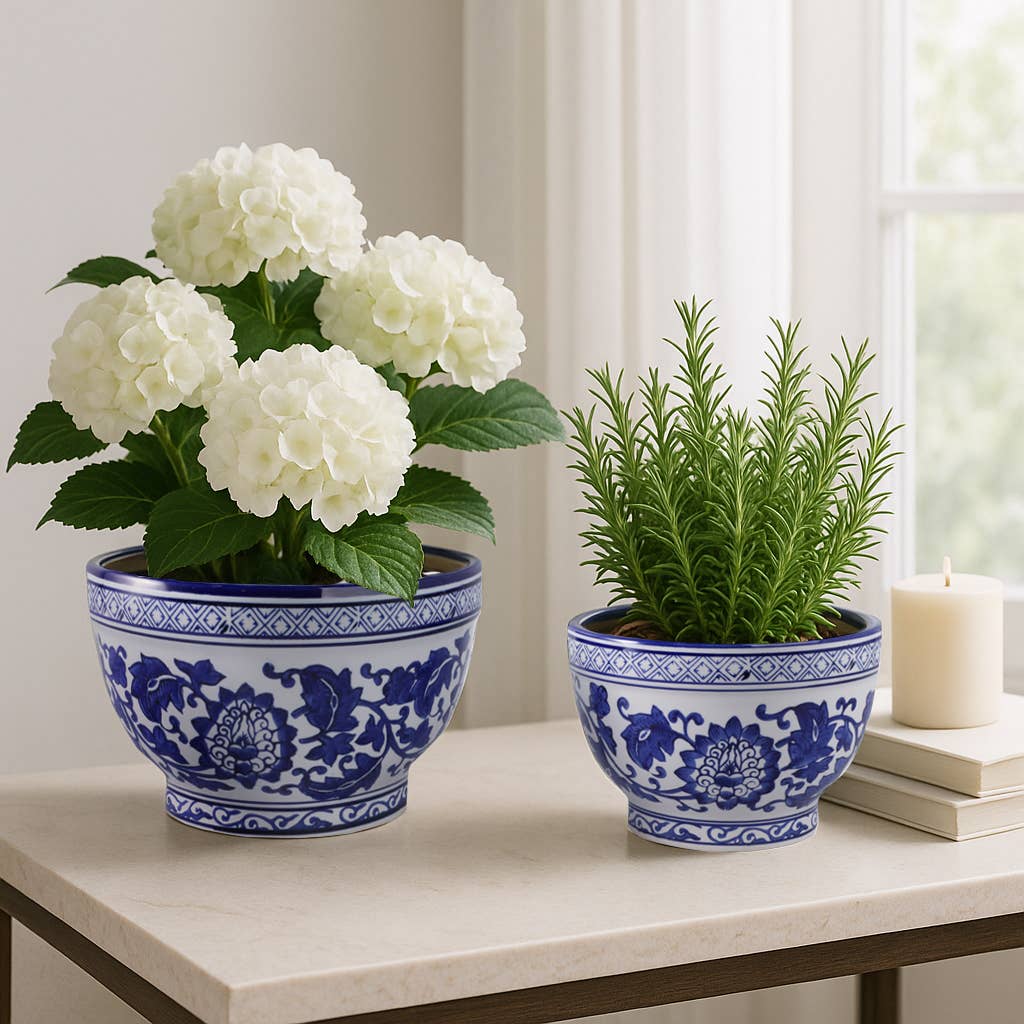 Planters Set of 2 - Blue/White Ceramic Chinoiserie, 9/11 in.
