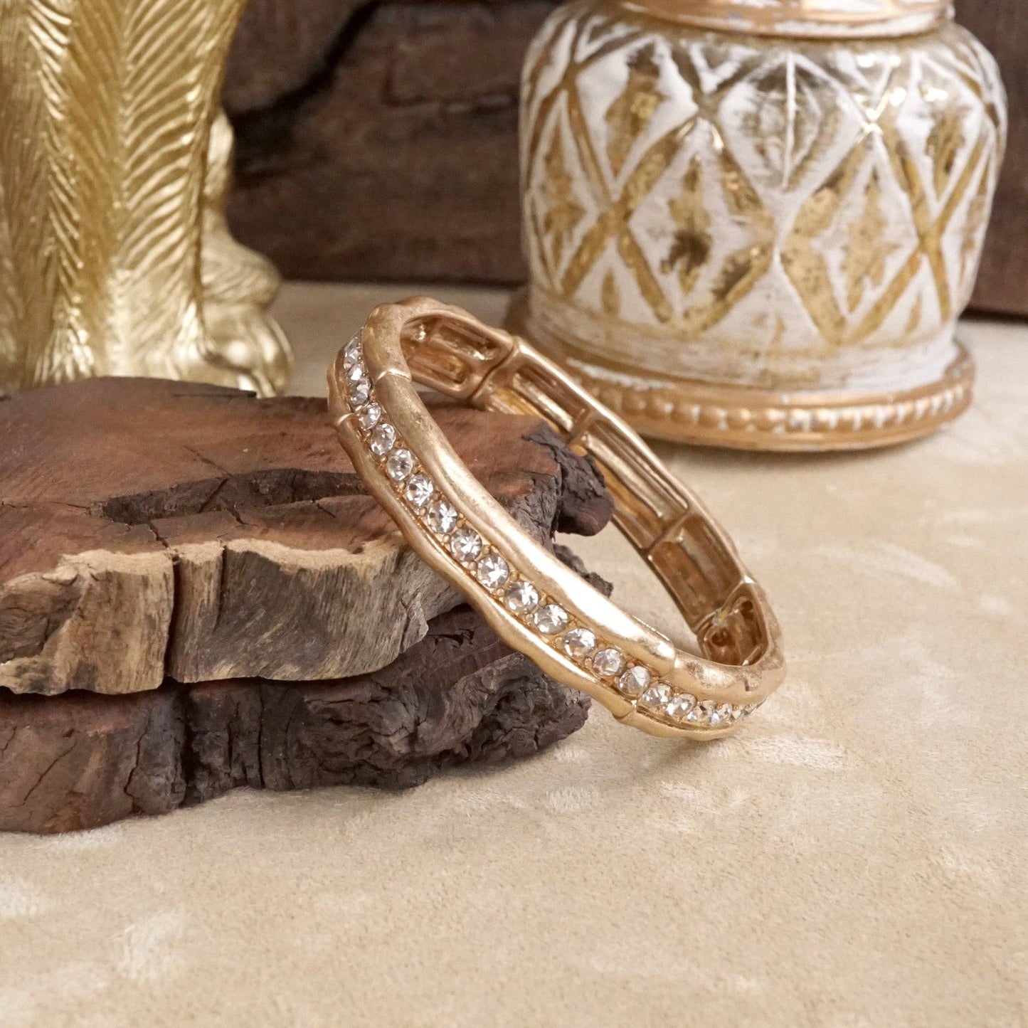Minimalist Crystal & Pearl Bangle Bracelet – Brushed Gold or Silver