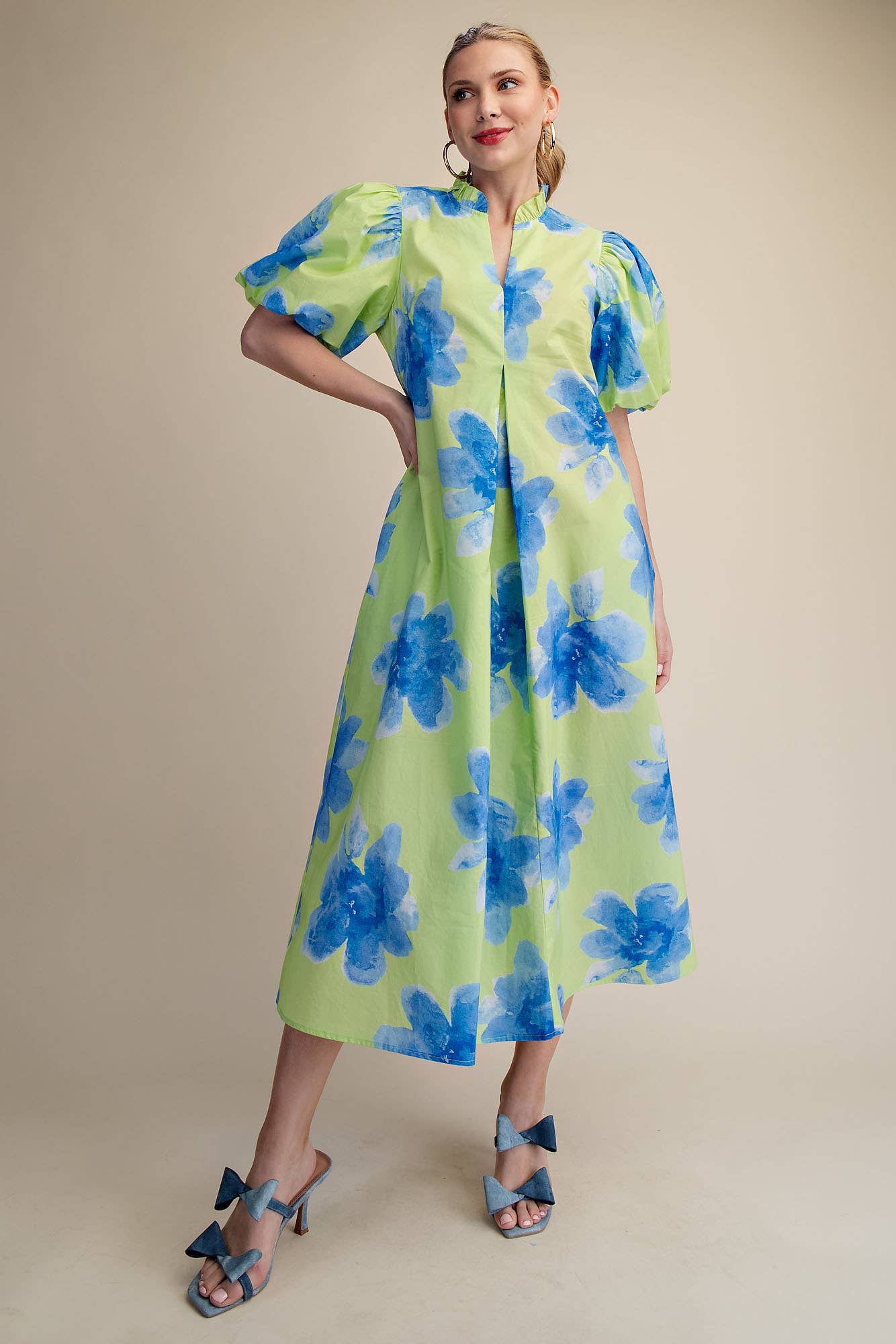 Ruffle V-Neck Puff Sleeve Waist Pleated Midi Dress