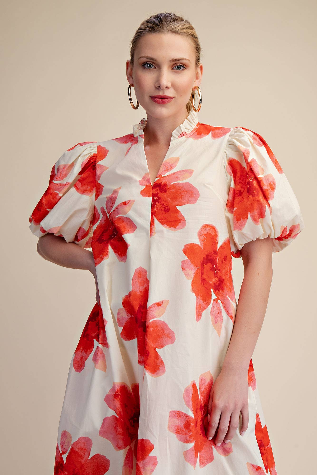 Ruffle V-Neck Puff Sleeve Waist Pleated Midi Dress