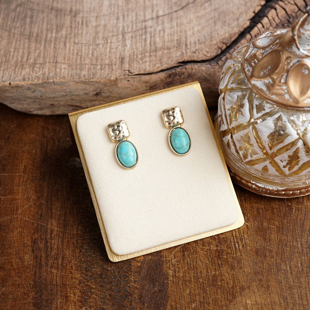 Quiet Gleam – Hammered Cabochon Stud Drop Earrings