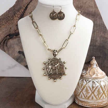 Equestrian Western Horse Coin Statement Necklace Set – Worn Gold Tone