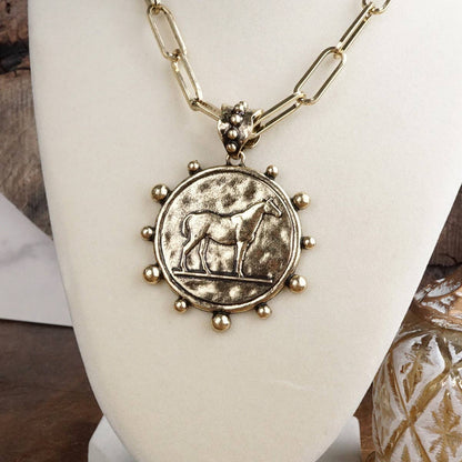 Equestrian Western Horse Coin Statement Necklace Set – Worn Gold Tone
