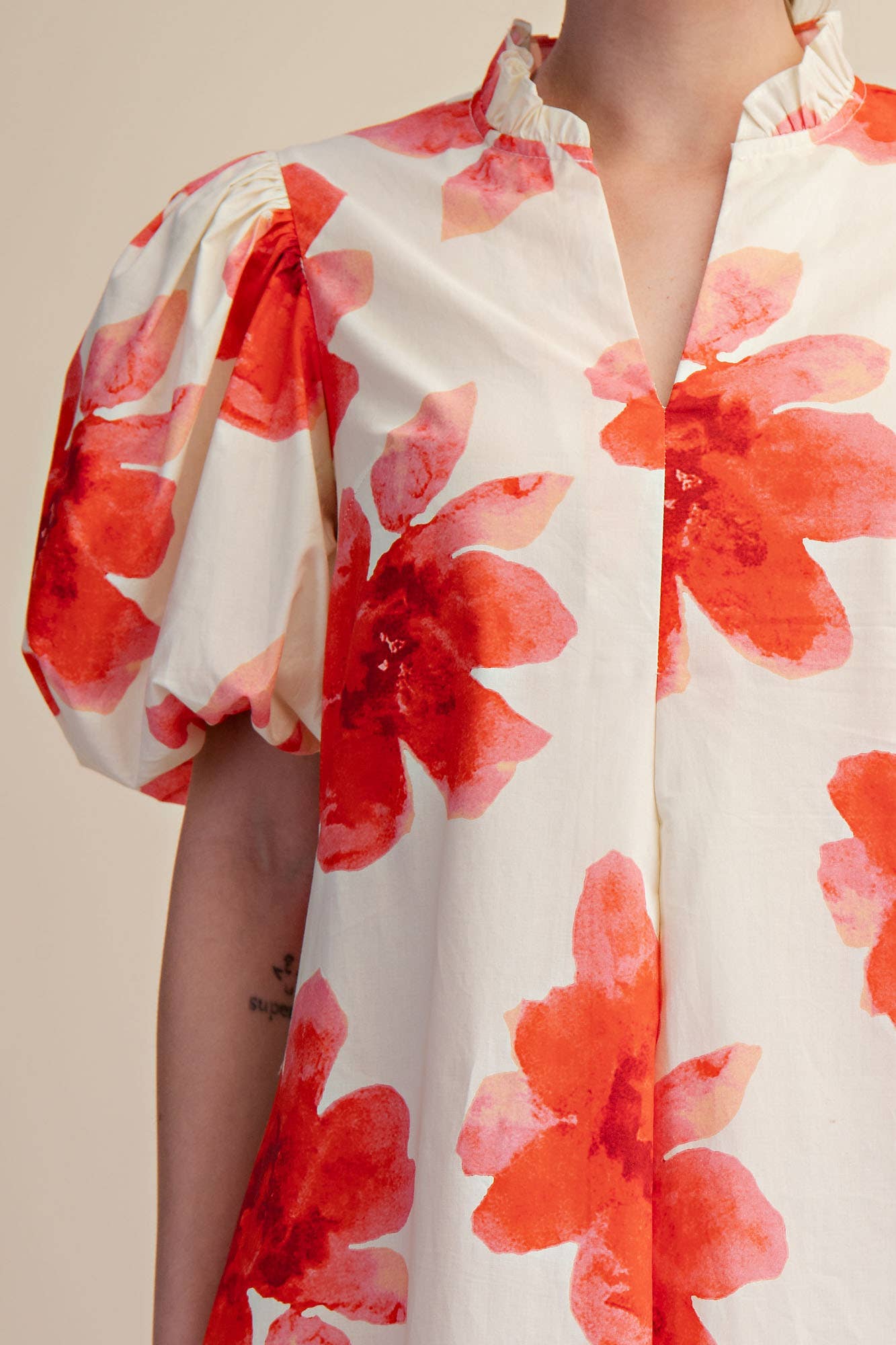 Ruffle V-Neck Puff Sleeve Waist Pleated Midi Dress