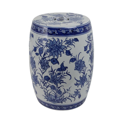 Stool - Blue Ceramic Pinwheel Flower Chinoiserie, 18 in.