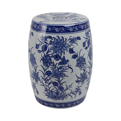Stool - Blue Ceramic Pinwheel Flower Chinoiserie, 18 in.