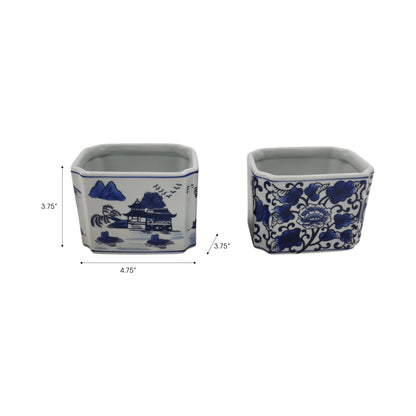 Pencil Cups Set of 2 - Blue/White Ceramic Rectangle, 4 in.