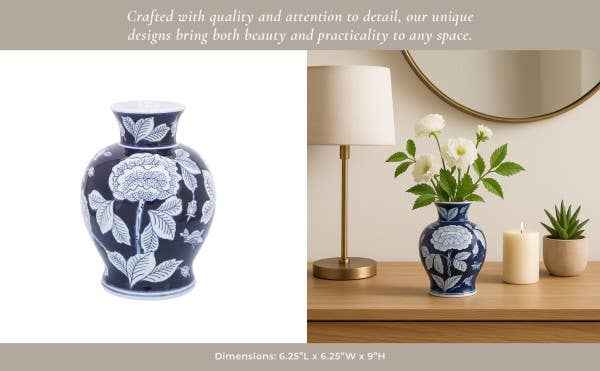 Decorative Vase - Blue Ceramic Floral Chinoiserie, 9 in.