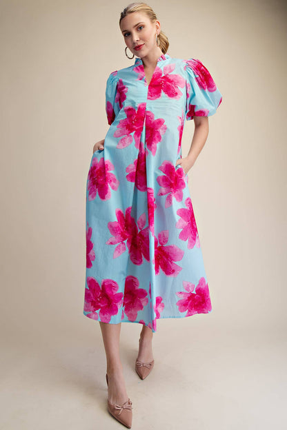 Ruffle V-Neck Puff Sleeve Waist Pleated Midi Dress