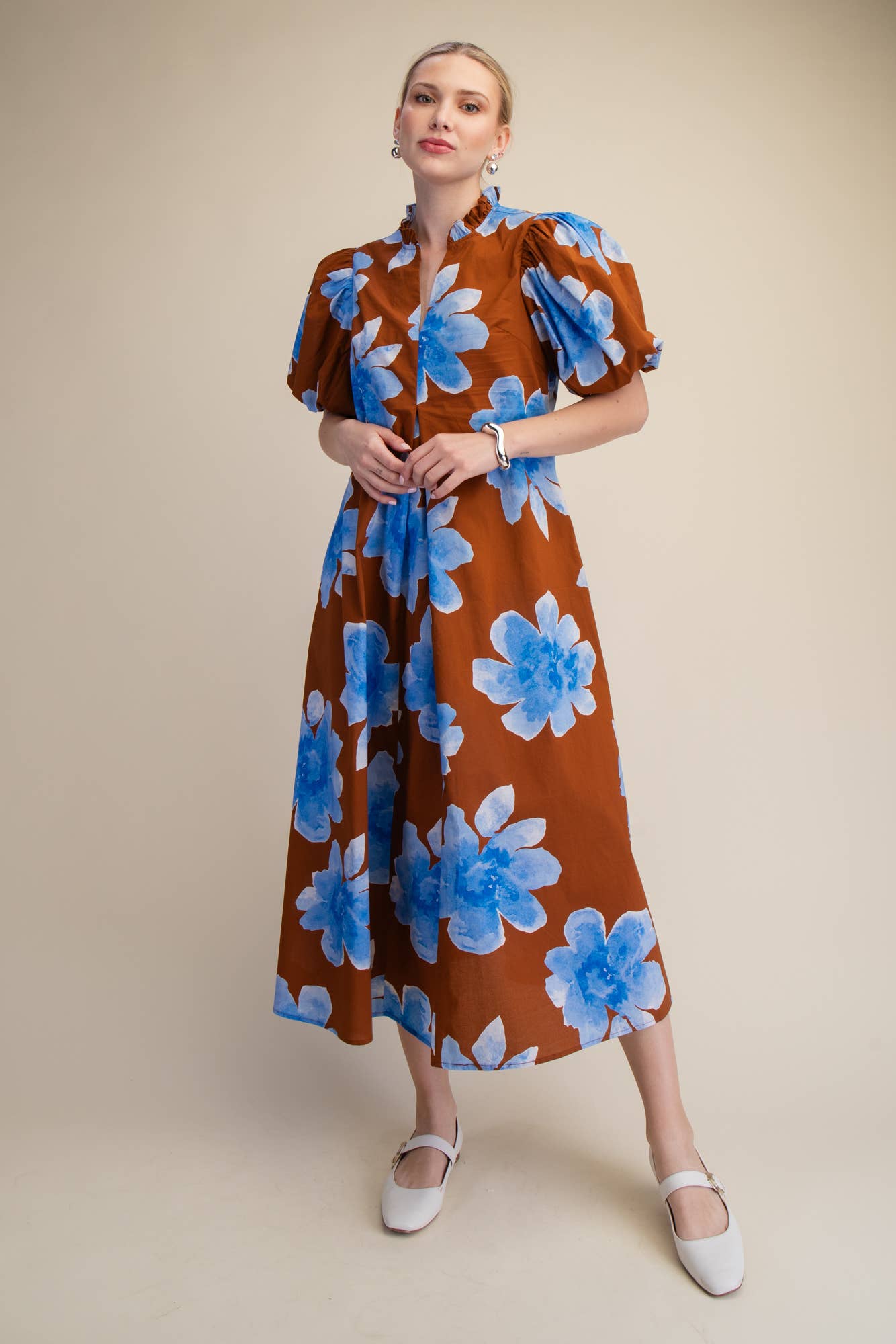 Ruffle V-Neck Puff Sleeve Waist Pleated Midi Dress