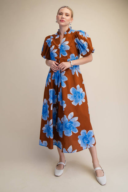Ruffle V-Neck Puff Sleeve Waist Pleated Midi Dress