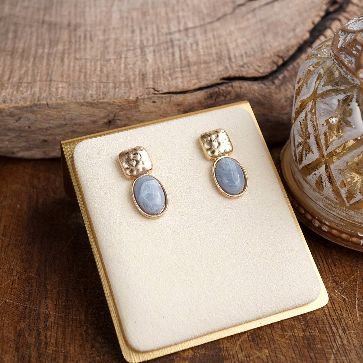 Quiet Gleam – Hammered Cabochon Stud Drop Earrings